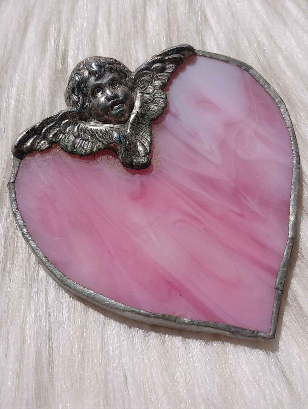 Vintage Cherub Pink Heart Brooch Pin Costume Jewelry Retro Victorian Angel vtg